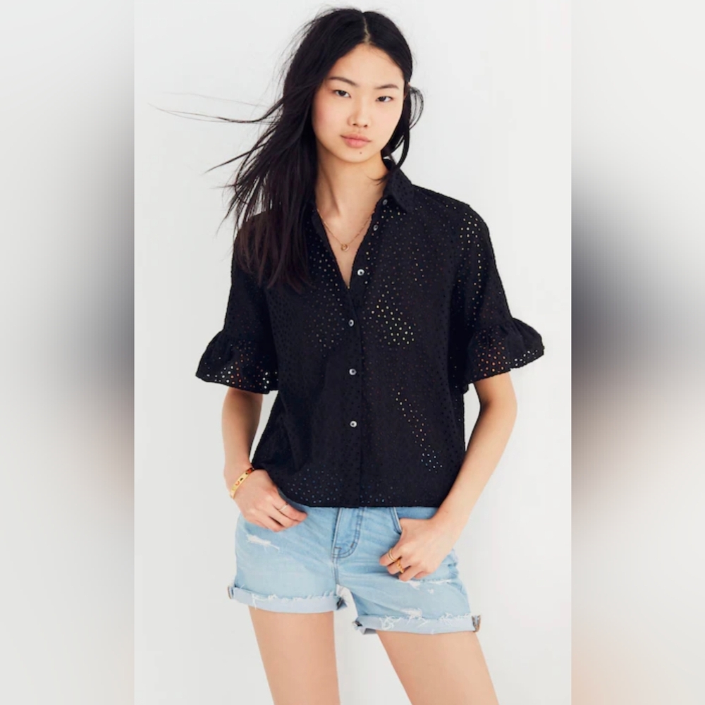 Madewell Black Eyelet Bell Sleeve Button Down Shirt